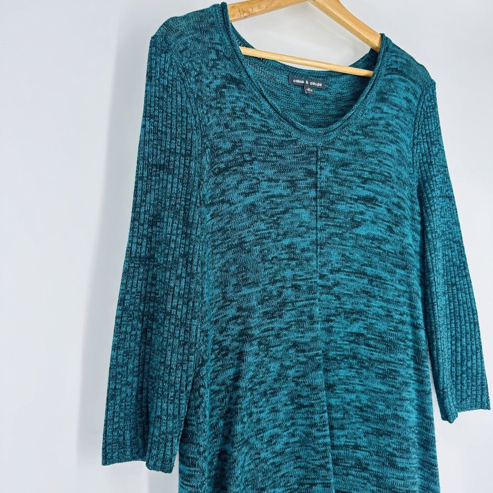 Cable & Gauge Teal Heather Round Neck 3/4 Sleeve Knit Hi-Low Pullover Sweater M - Picture 3 of 8